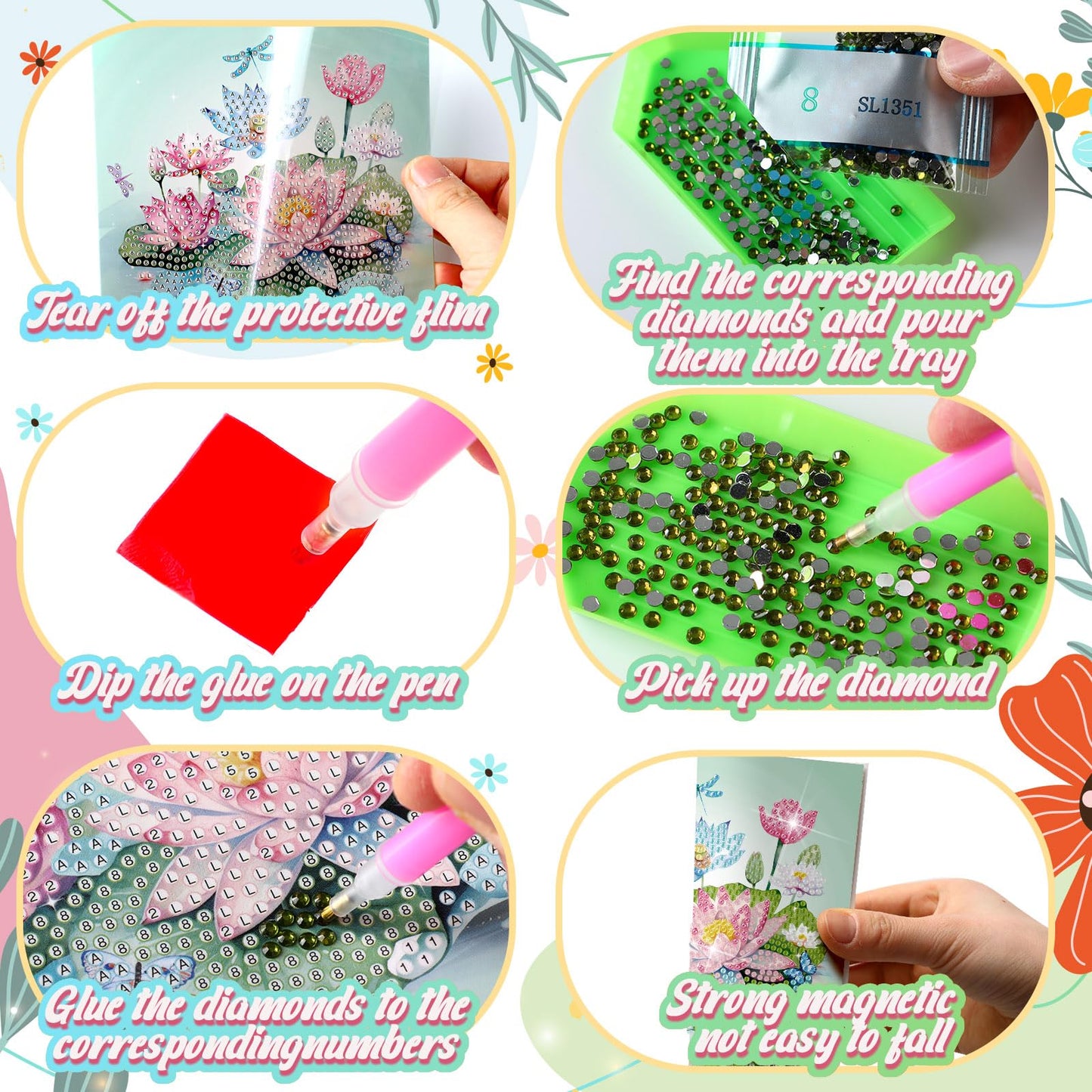Saillong 12 Pack Flower Diamond Painting Greeting Card Kits DIY Pastel Floral Diamond Art Cards with Envelopes Flower 5D Rhinestones Paint Card for Adults DIY Craft Family Friend Birthday Gifts