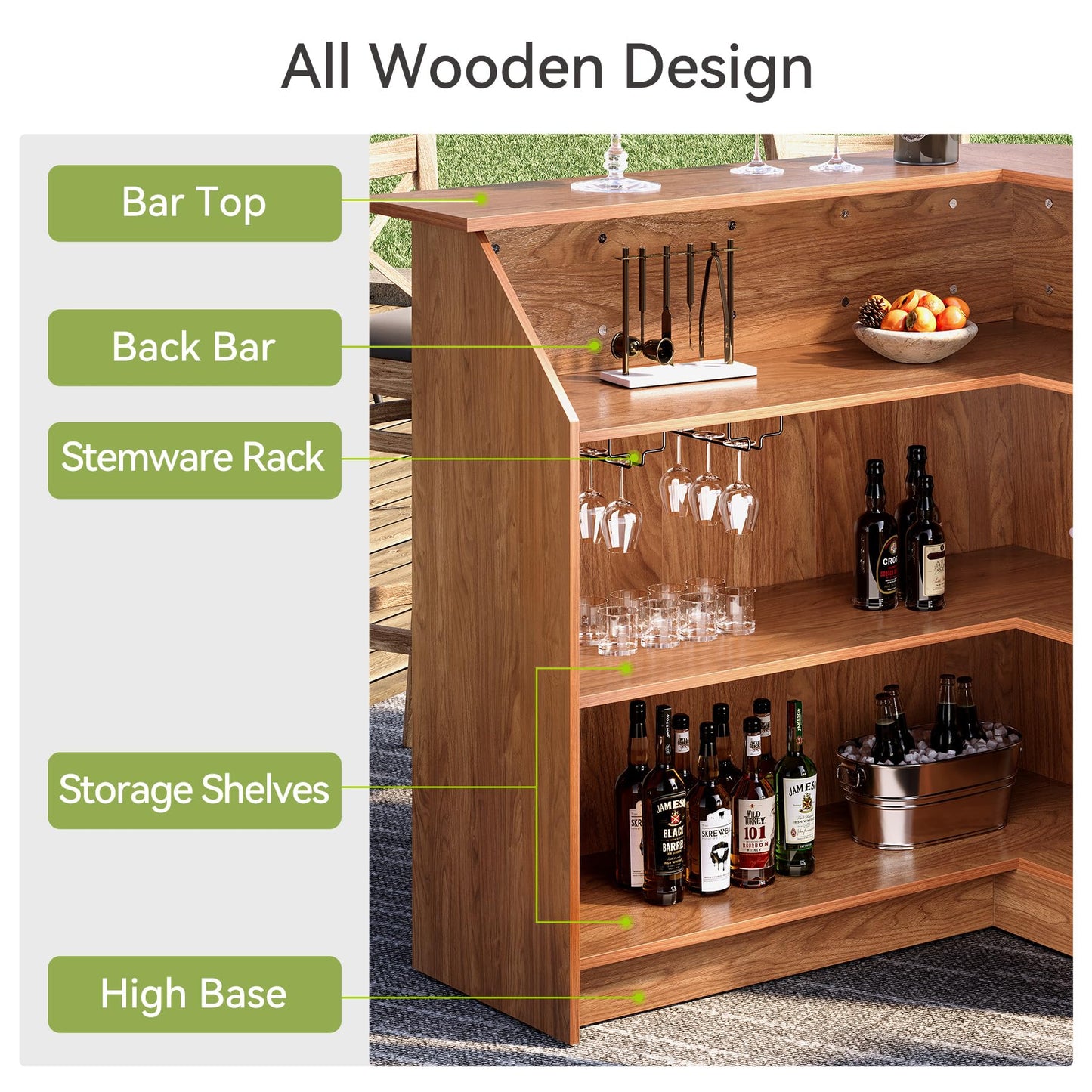 LITTLE TREE Bar Cabinet, 4-Tier Home Mini Bar Cabinet with Stemware Rack, Freestanding Wooden Storage Cabinets, Modern L-Shaped Liquor Table Cabinets for Living Room, Dining Room, Orange Brown