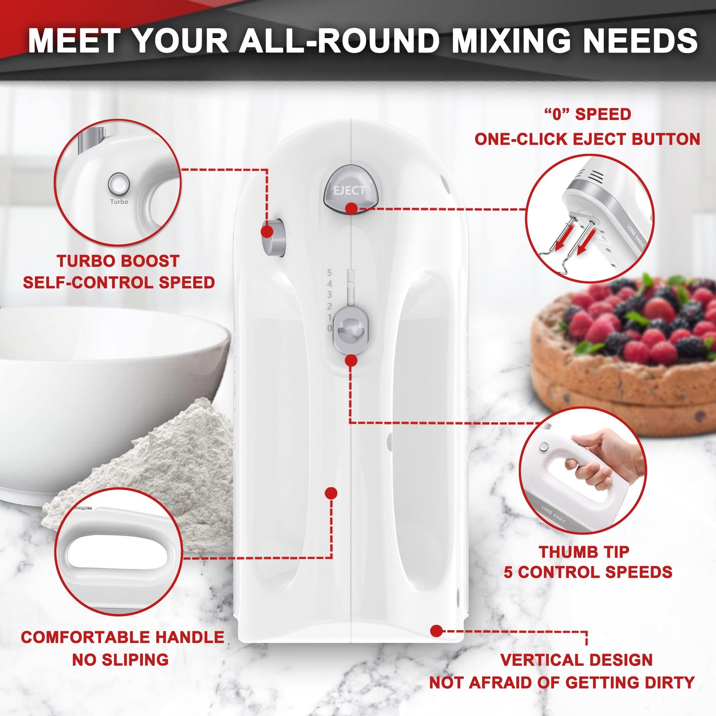 Lord Eagle Hand Mixer Electric Handheld 400W, 5-Speed Lightweight Kitchen Mixer with Storage Case, 5 Stainless Steel Attachments for Baking Cake Egg Cream Food Beater, Turbo+Eject Button