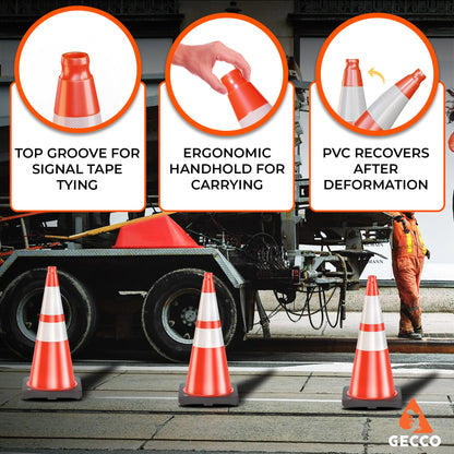 GECCO ™ (6 Pack) 28 Inch 7 Lb Heavy Duty Orange Traffic Cones Set | Durable Safety Cones, Orange Cones, Parking Cones, Construction Cones, Road Cones | PVC Plastic & Black Base - [PRO Series]