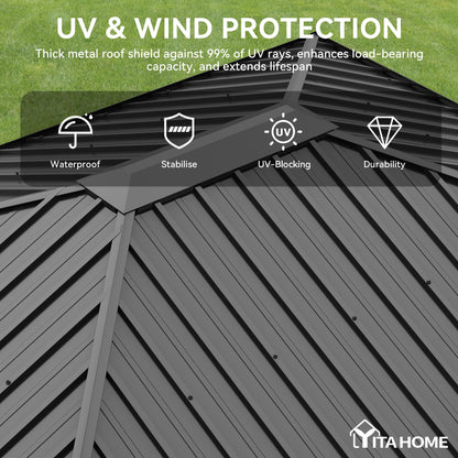 YITAHOME 10X12FT Single Hardtop Metal Gazebo Top Outdoor Patio Canopy Galvanized Iron Aluminum Column Garden Tent Curtains Netting for Backyards Decks Lawns,Gray