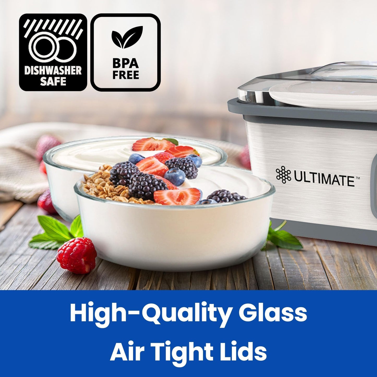 Ultimate Yogurt Containers 2 Pack, Make More Yogurt with 1-Quart Glass Containers (4 Cup), 100% BPA Free, Durable & Oven Safe Round Bowl Set with Lids, Perfect for Food Storage & Meal Prep