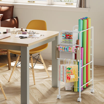 Rolling Craft Storage Cart with 2 Small Fabric Drawers & Lockable Wheels, DIY Organizer for Wrapping Paper, Paints, Brushes, Craft Supplies, Multi-Tier Craft Cart Tape Holder, 16.54x11.4x32.68 Inches