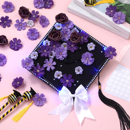 Solsew 50 Pcs DIY Graduation Cap with Lights Decoration Kit Include Artificial Flower String Light Ribbon Bow Pearl Sticker for DIY Cap 2026 Graduation Party(Blue Light, Purple Flower)