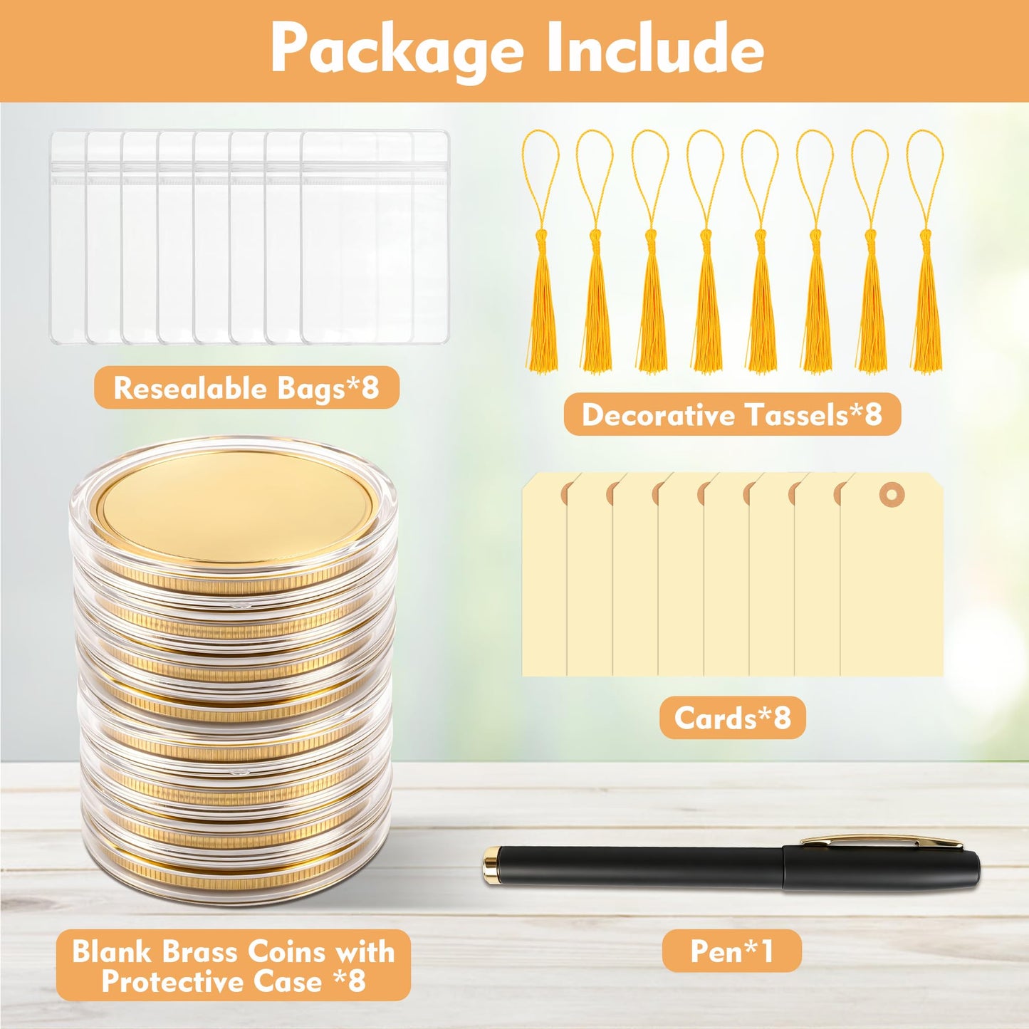 8Pcs 40mm Blank Brass Coins for Laser Engraving, Solid Blank Challenge Coin Set with with Acrylic Protection Box, Resealable Bag, Card, Tassel and Pen for DIY, Customization Gift & Memorial