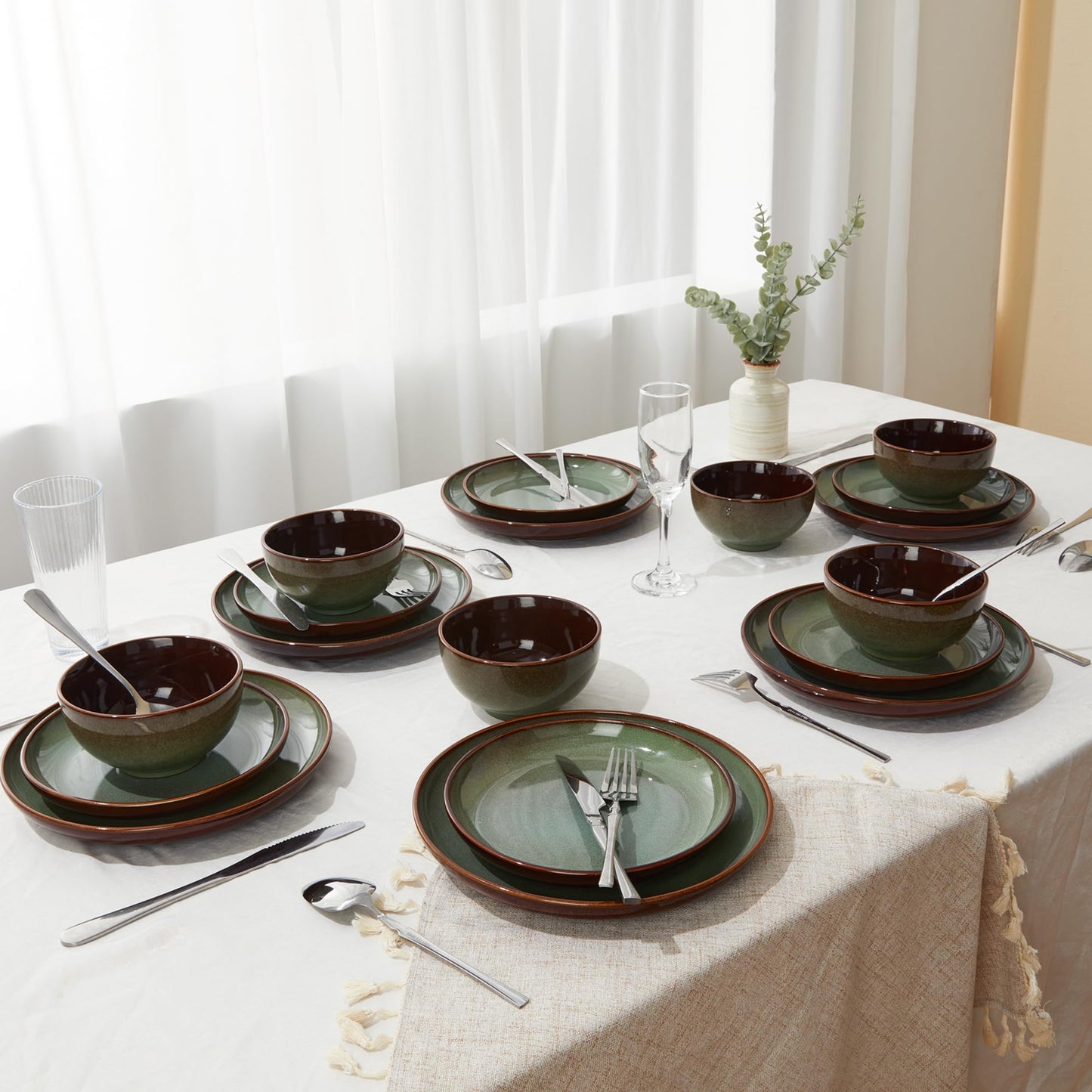 Pokini 36 Piece Stoneware Dinnerware Sets, Ceramic Plates and Bowls Set, Microwave & Dishwasher Safe Kitchen Dish Set, Modern Dinner Salad Plates | Cereal Bowls for 12, Dishware Sets Sage Green