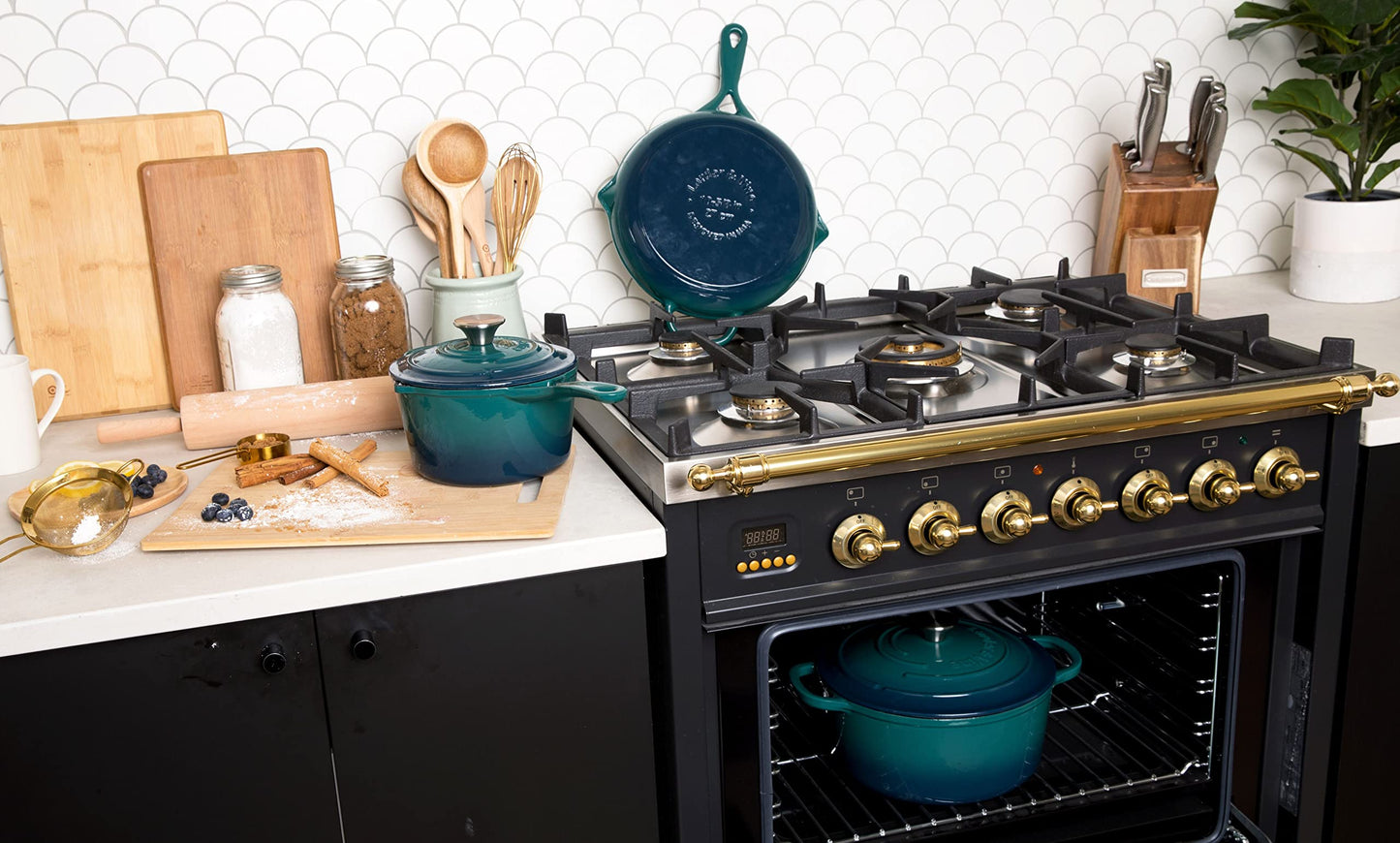 Larder & Vine 5-Piece Enameled Cast Iron Cookware Set - Includes 5.7 Quart Dutch Oven with Lid, 10.25 Inch Skillet, 2.2 Quart Saucepan with Lid (Bondi)