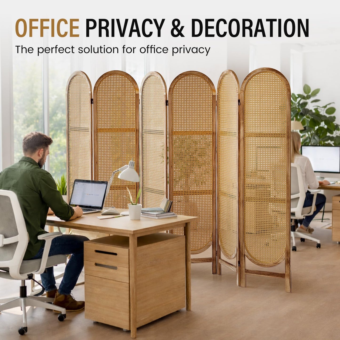 Aletheiawu Arched Rattan Room Divider 5.6 Ft Folding Privacy Screen, 6 Panel Freestanding Room Partition with Double Hinges, Lightweight Paulownia Wood Divider for Bedroom, Restaurant, Office, Natural