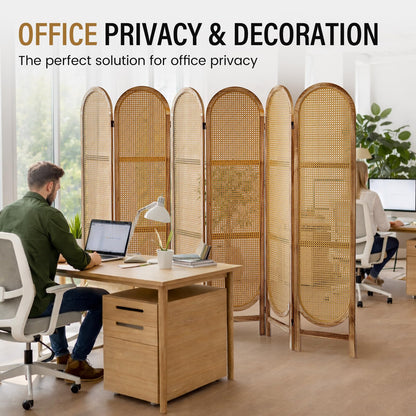 Aletheiawu Arched Rattan Room Divider 5.6 Ft Folding Privacy Screen, 6 Panel Freestanding Room Partition with Double Hinges, Lightweight Paulownia Wood Divider for Bedroom, Restaurant, Office, Natural