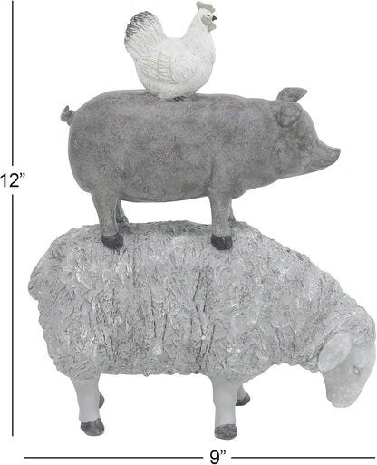 Deco 79 Polystone Farm Animals Decorative Sculpture, Stacked Home Decor Statue, 9" x 4" x 12", Gray