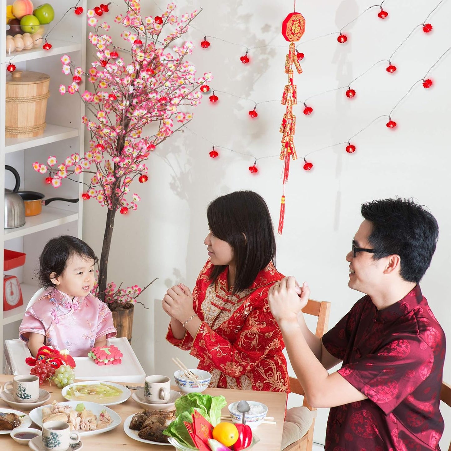 33ft/10m 80 Mudder LED Red Hanging Lanterns String Lights Chinese New Year Battery Operated Fairy String Hanging