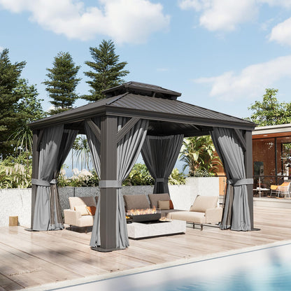 Aoxun 10' x 12' Permanent Hardtop Gazebo with Galvanized Steel Double Roof and Aluminum Frames Outdoor Large Pavilion Gazebo for Patio Deck Garden, Nettings and Curtains Included, Gray