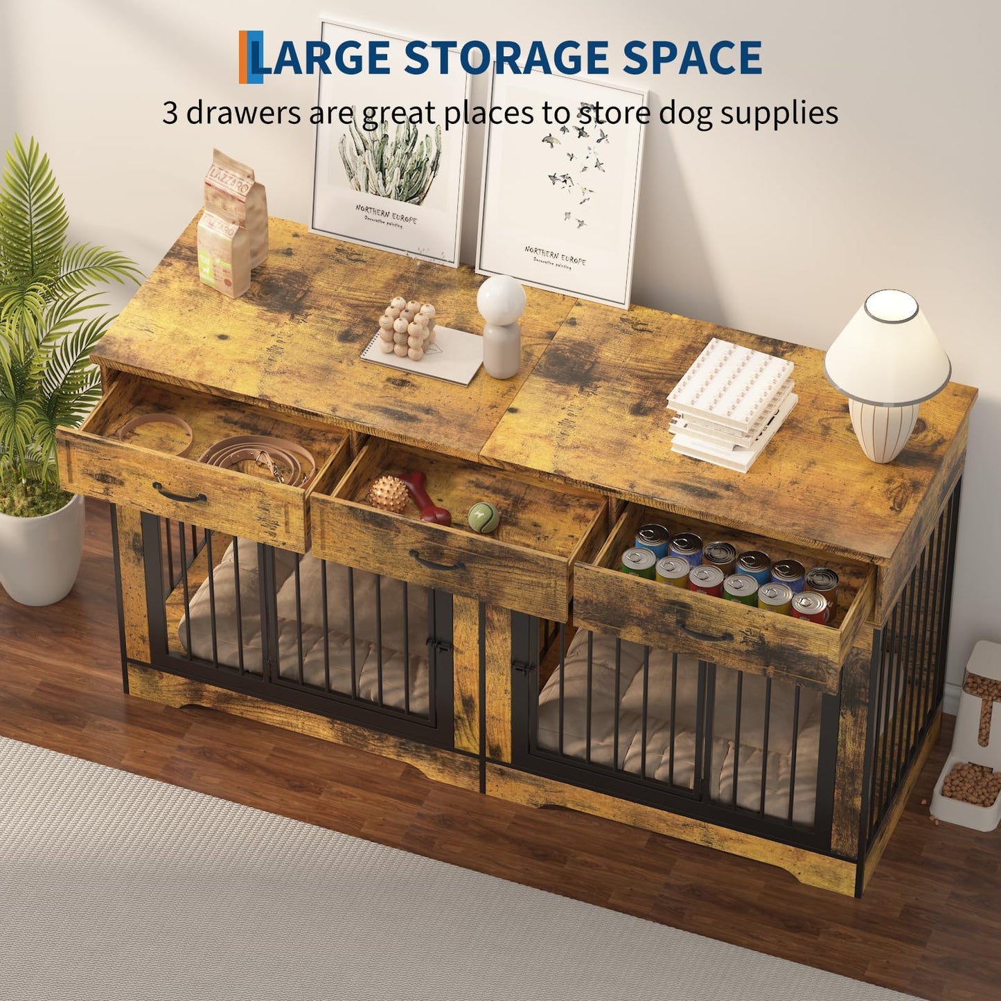 Extra Large Double Dog Crate Furniture – 70.9" Heavy Duty Wooden Kennel for 2 Medium or Large Dogs, Decorative End Table with 3 Drawers, TV Stand, Indoor Dog Cage with Double Doors