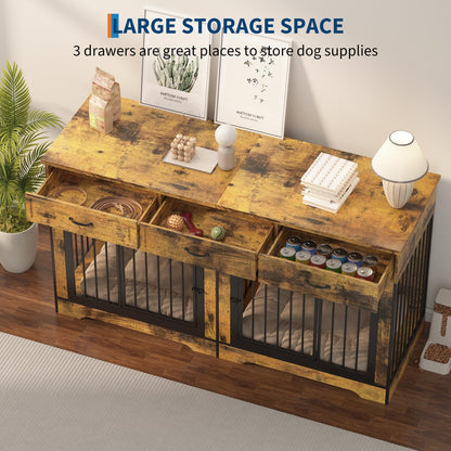 Extra Large Double Dog Crate Furniture – 70.9" Heavy Duty Wooden Kennel for 2 Medium or Large Dogs, Decorative End Table with 3 Drawers, TV Stand, Indoor Dog Cage with Double Doors