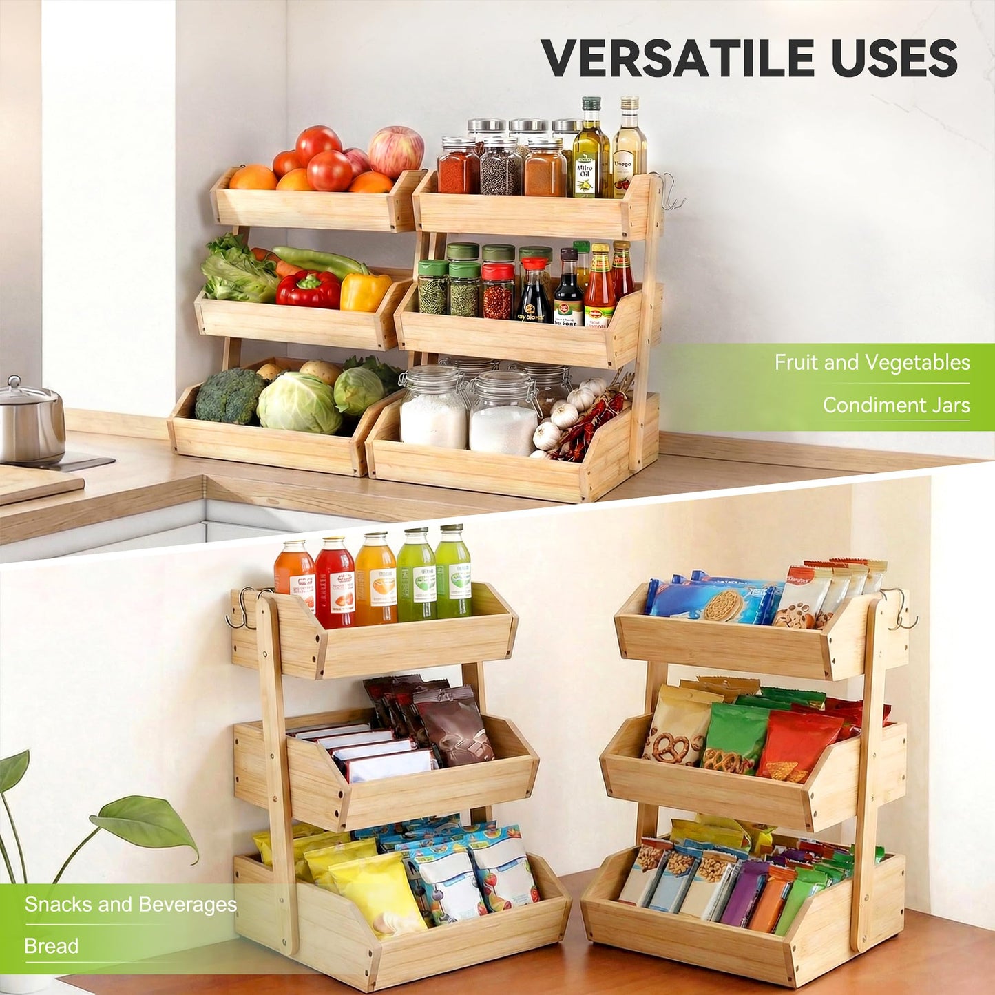 Fyvva Bamboo Fruit Basket, 3-Tier Fruit Basket for Kitchen Counter, Large Fruit Bowl with 2 Banana Hangers for Storing Fruit, Vegetables, and Organising Snacks, Bread (Natural)
