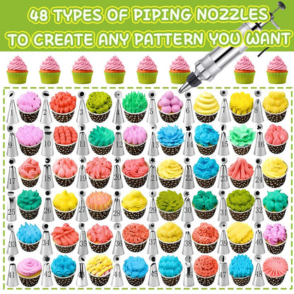 NOVANO Dessert Decorating Syringe Set, Frosting Piping Kit Stainless Steels Cake Decorating Kit with 54 Piping Tips & 9 silicone cupcakes, Cupcake Decorating Kit Piping Bags and Tips Set (Black)