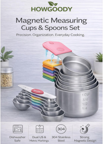 HOWGOODY Magnetic Measuring Cups and Spoons Set304 Stainless Steel Dual Scale Set of 15, Strong N52 Magnetic Nesting Design with Leveler, for Dry&Liquid Ingredients, Dishwasher Safe(Colorful)