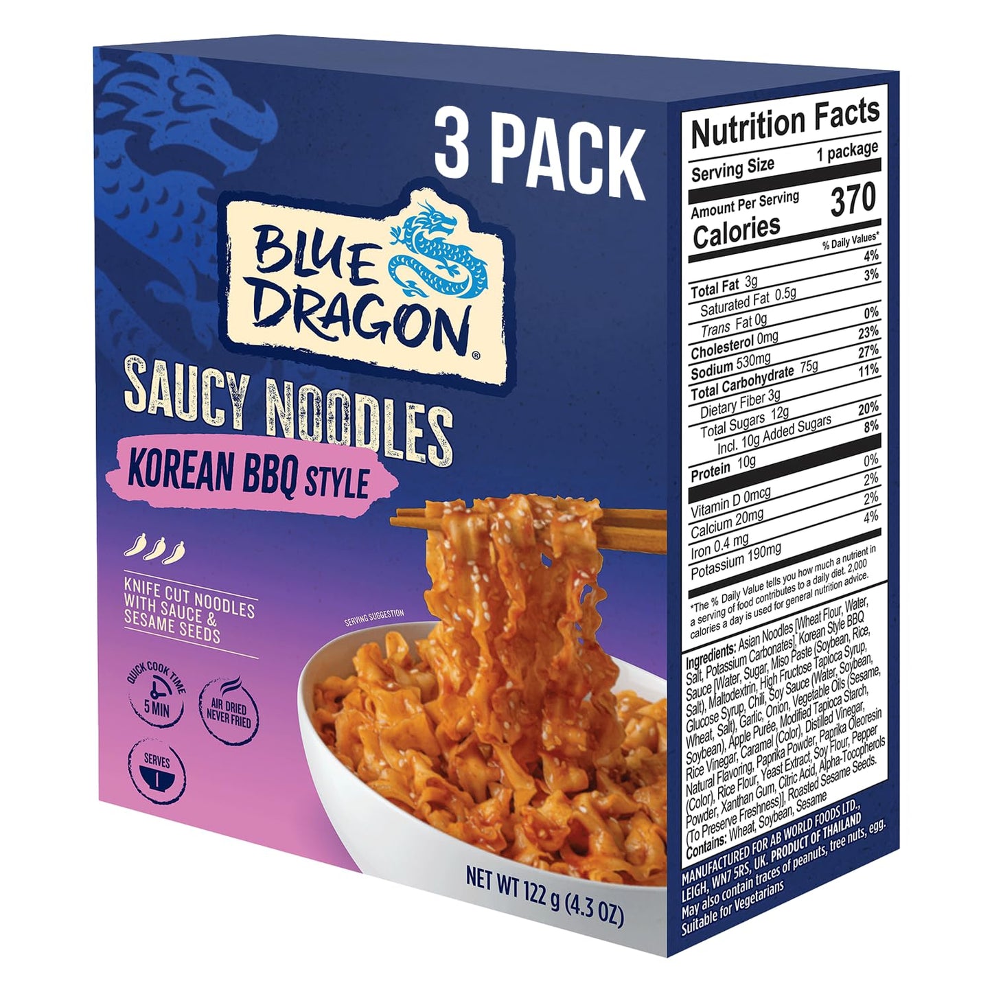 Blue Dragon Korean BBQ Saucy Noodles - 4.2oz (Pack of 3) - Knife Cut Thick Noodles w/Korean BBQ Sauce & Sesame Seed Garnish - Quick & Easy Meal with Bold Asian Flavors - Vegetarian Friendly