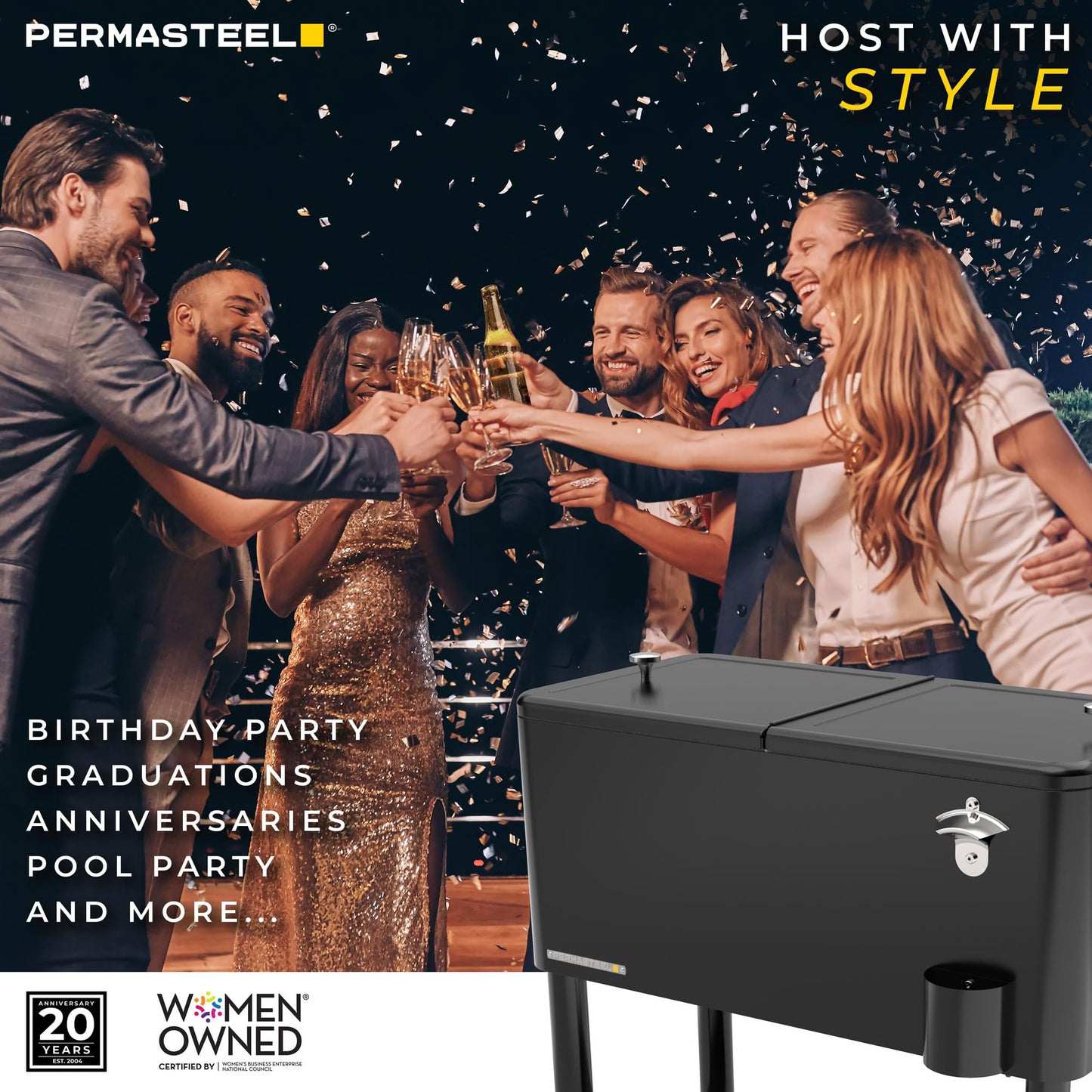 Permasteel Party Cooler with Divider, Spacious 80-Qt Capacity, Chills 36hrs, Serving Tray, Rolling Ice Chest for Indoor and Outdoor Entertainment, Black