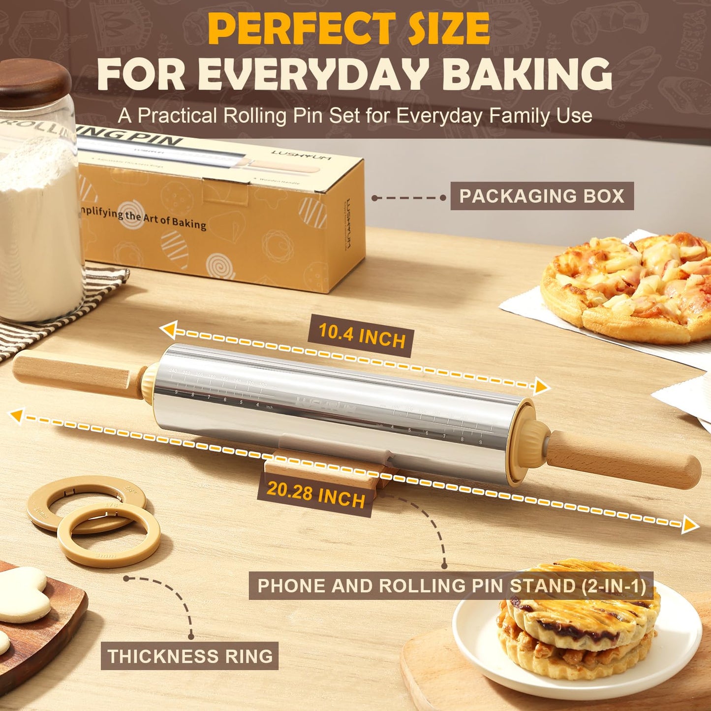 LUSHYUM Adjustable Rolling Pin with Thickness Rings 304 Stainless Steel Dough Roller with Dual-Purpose Stand Detachable Handles for Pizza Cookies Fondant Non Stick Metal Kitchen Tool Gift for Bakers