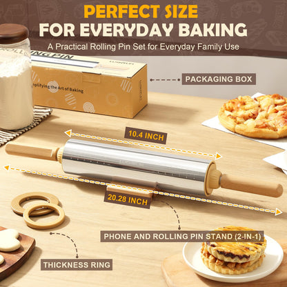 LUSHYUM Adjustable Rolling Pin with Thickness Rings 304 Stainless Steel Dough Roller with Dual-Purpose Stand Detachable Handles for Pizza Cookies Fondant Non Stick Metal Kitchen Tool Gift for Bakers