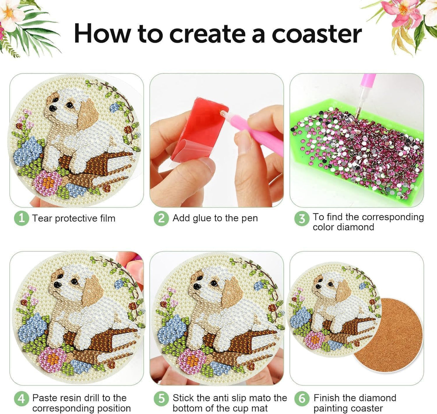 mrpwnle 8 Pcs Dog Diamond Art Coasters Kit for Adults, Cute Dog Diamond Painting Coasters with Holder Cork Pads, DIY Diamond Art Non Slip Coaster Crafts Kits for Adults Beginners Gifts