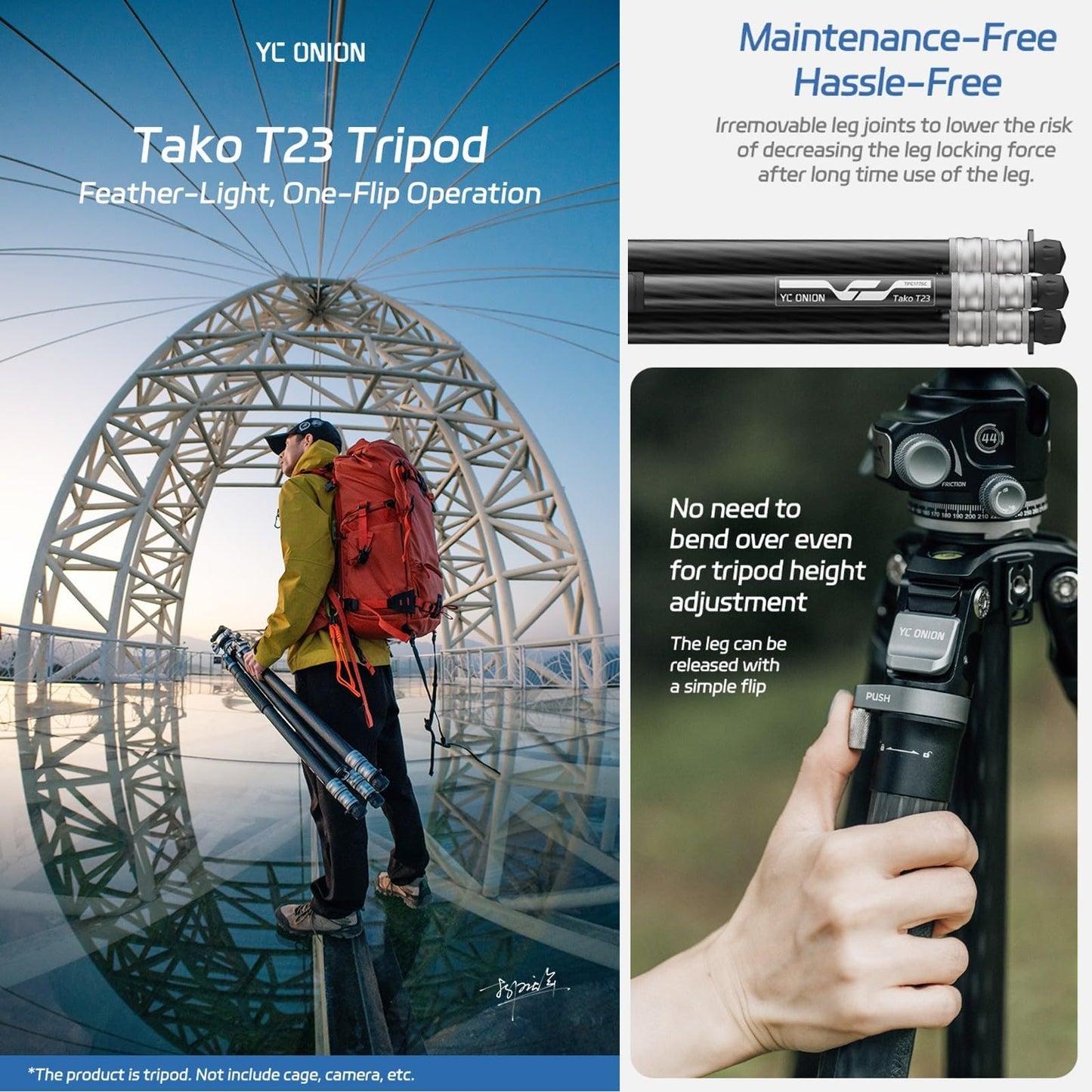 YC Onion Tako T23 Carbon Fiber Tripod with BC44 Ball Head I 10kg Load I One-Flip Quick Release I 1825mm Max Height I Dust-Proof Joints for Low-Angle/Macro Photography