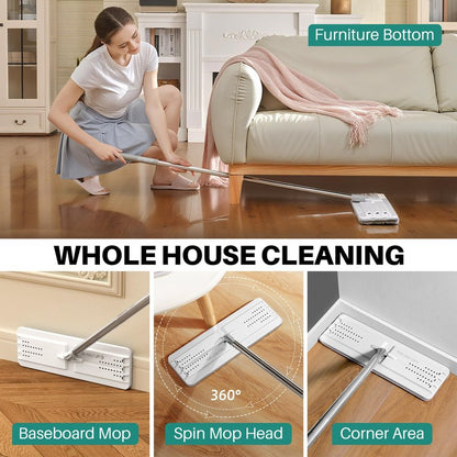 JOYMOOP Microfiber Flat Mop and Bucket System, Mops for Floor Cleaning and Wall Cleaner, Hardwood, Tile, Laminate, Vinyl Floors, Smooth Walls, and Glass Windows - 50" Flat Mop+1 Microfiber Pad[White]