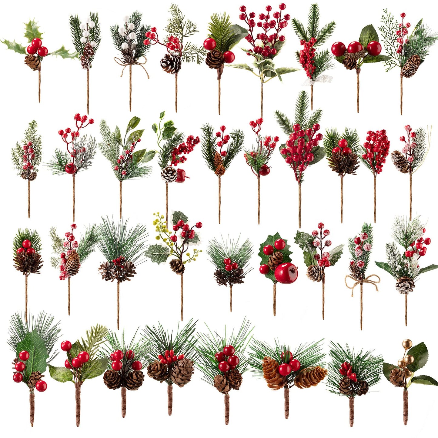 Yunsailing 37 Pcs Artificial Christmas Tree Picks Faux Cedar Holly Pine Stems with Red Berries Christmas Tree Picks Decorations for Xmas Winter Holiday DIY Crafts Wreath(Classic)