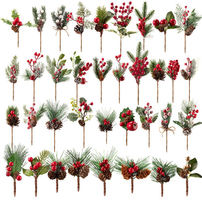 Yunsailing 37 Pcs Artificial Christmas Tree Picks Faux Cedar Holly Pine Stems with Red Berries Christmas Tree Picks Decorations for Xmas Winter Holiday DIY Crafts Wreath(Classic)