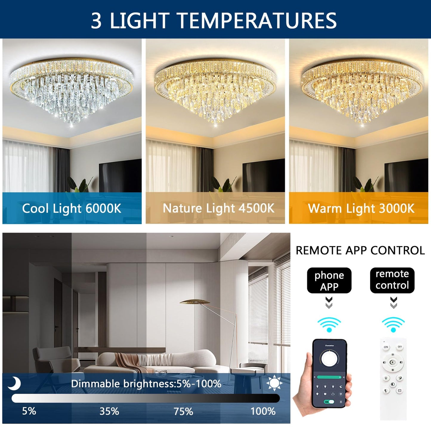dolria Modern Crystal Large Chandeliers LED Dimmable Flush Mount Ceiling Chandeliers for Living Room High Ceiling Entrance Foyer Bedroom