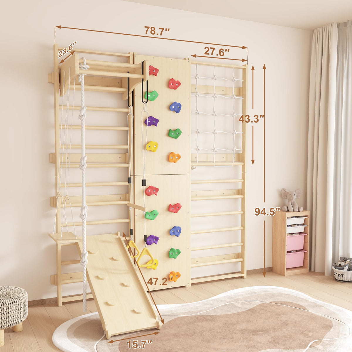 Cofiyard 9-in-1 Swedish Ladder Wall Gym & Climber, 94.5'' Wooden Wall-Mounted Climbing Set with Double-Sided Slide, Swing, Rope, Rings, Monkey Bars, Kids Indoor Playset, Wooden Climbing Jungle Gym