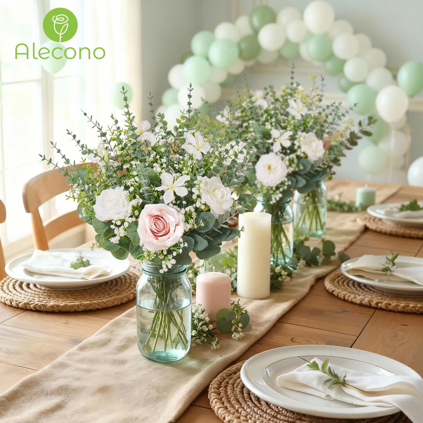 Alecono 5 Kinds Mixed Artificial Greenery Eucalyptus Stems Bulk, Babys Breath Artificial Flowers and Fake Sliver Dollar Leaves for Centerpieces DIY Bouquet Wedding Home Decor(100 Pcs)