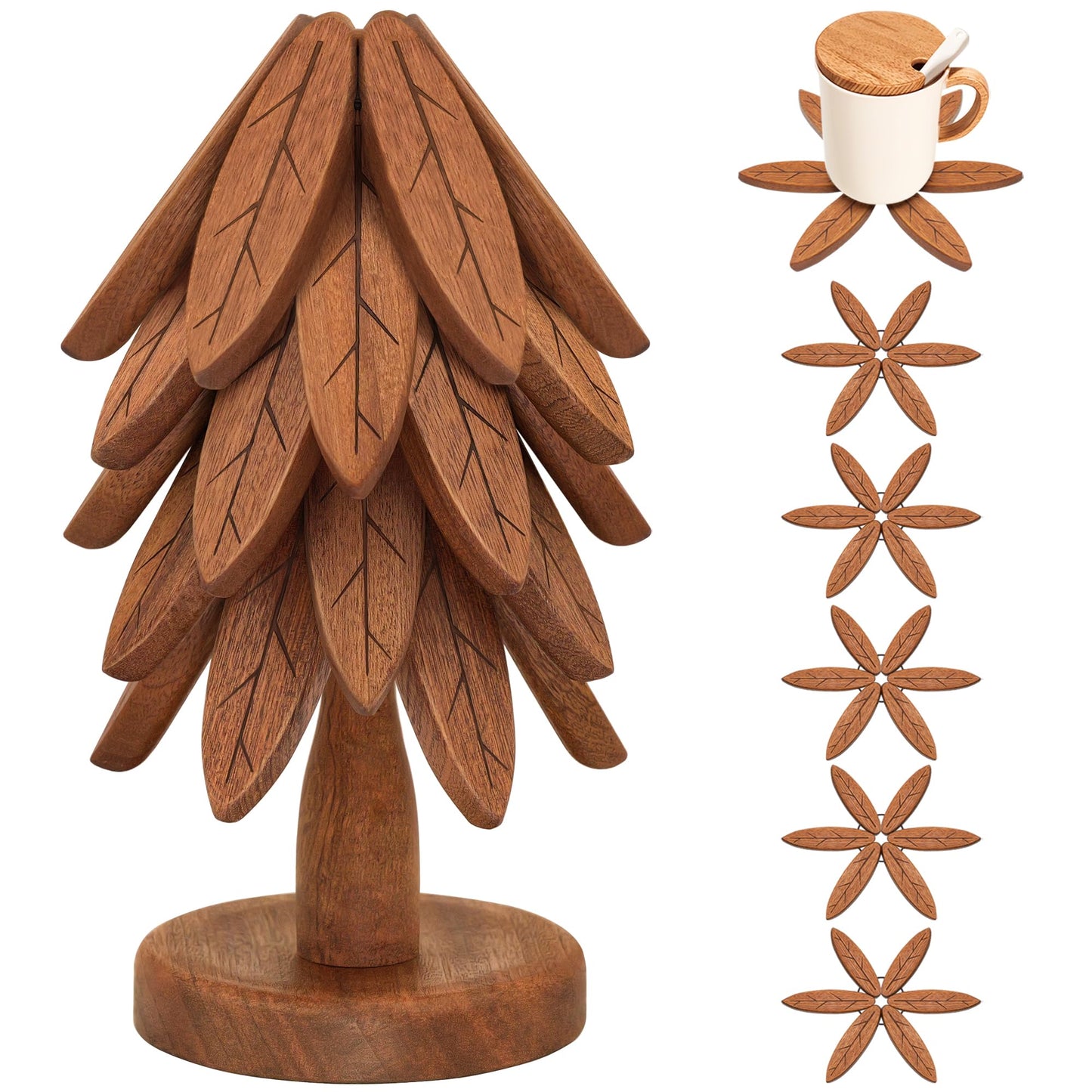 Wooden Trivets for Hot Dishes, Wooden Tree Trivet Set, Tree Coasters - of 5 + 1 Stand stored, Suited for Hots, Pans, Bowl, Teapot, Hot Holders - Multifunctional Ornaments
