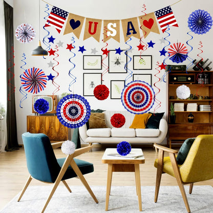 26Pcs 4th Patriotic Decorations of July Decorations LOVE USA Banner Red White Blue Paper Fans Star Streamer Pom Poms