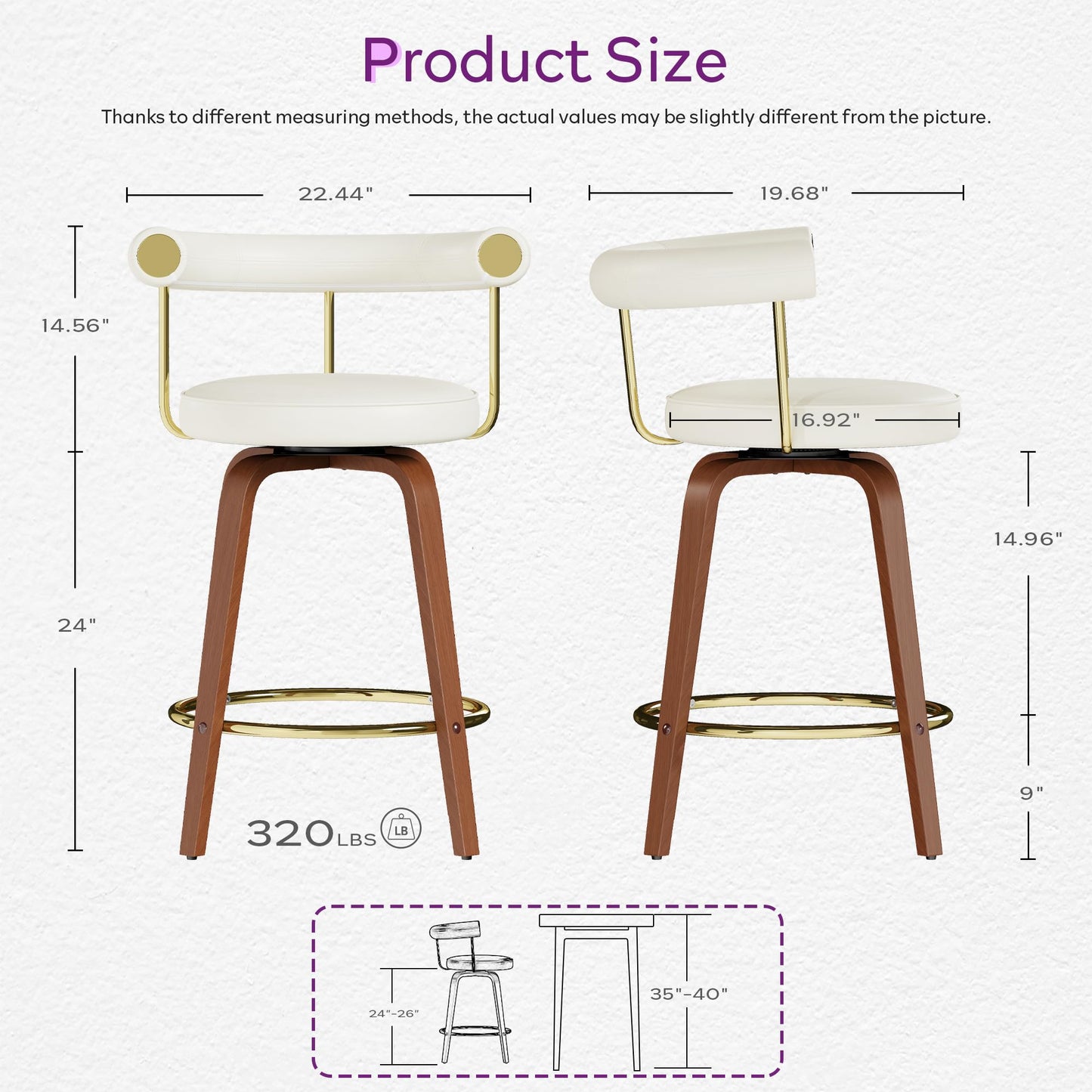 TYBOATLE Swivel Bar Stools Set of 4, Counter Height Bar Stools with Bent Wood Legs and Back, Mid-Century Modern Faux Leather Bar Chairs Island Barstools for Kitchen (4, White)