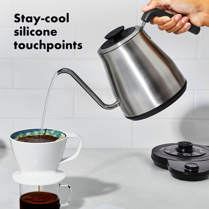 OXO Brew Gooseneck Electric Kettle – Hot Water Kettle, Pour Over Coffee & Tea Kettle, Adjustable Temperature, Built-In Brew Timer, Stainless Steel, 1L