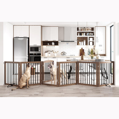 Vantas Folding Pet Gate 144" Wide, 30" Tall No-Assembly Wooden Dog Gate with Door Walk Through, Freestanding Puppy Safety Fence, with 2PCS Support - Brown