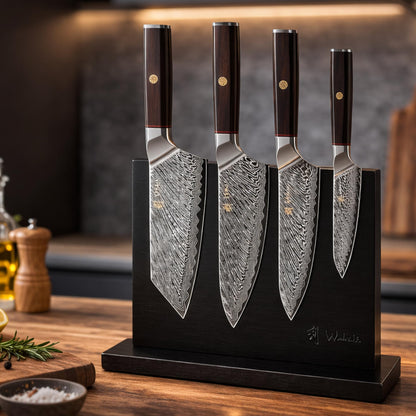 Wakoli Culinary Asia Damascus 4-Piece Knife Block Set with Magnetic Block – Professional Kitchen Knives made of 67-Layer Damascus Steel Blades & VG10 Core – Ergonomic Dark Oak Wood Handles in Gift Box