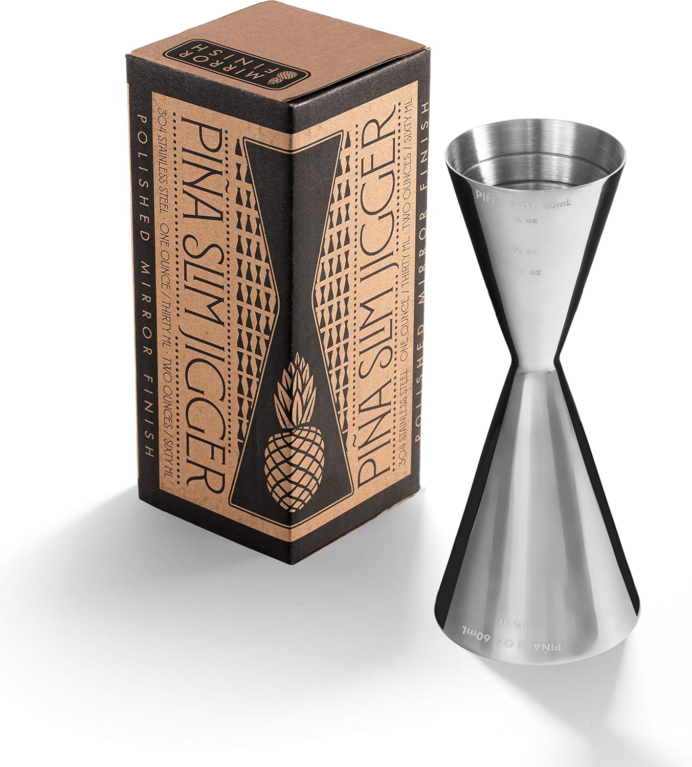 Piña Barware Slim Stainless Steel Commercial 2oz. / 1oz. Slim Style Measuring Jigger Bar Tool (Polished Finish)