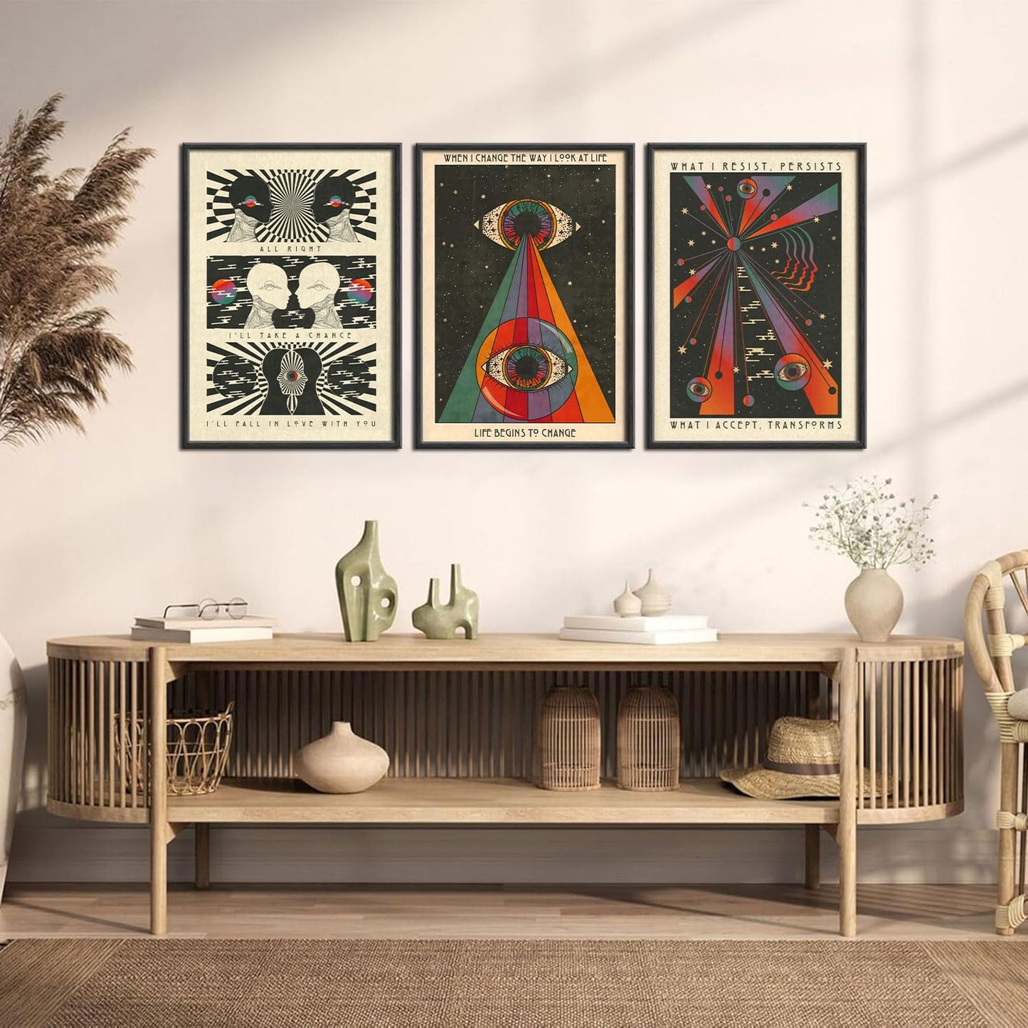 3Pcs Retro Hippie Wall Art 70's Psychedelic Eye Posters Wall Decor Meditation Inspirational Quote Prints Pictures Pop Art Style Spiritual Canvas Paintingfor Teen Bedroom Living Room Unframed