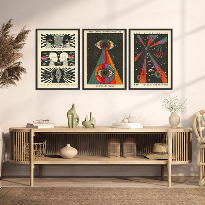 3Pcs Retro Hippie Wall Art 70's Psychedelic Eye Posters Wall Decor Meditation Inspirational Quote Prints Pictures Pop Art Style Spiritual Canvas Paintingfor Teen Bedroom Living Room Unframed
