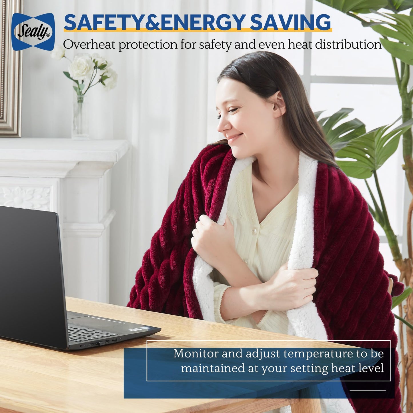 SEALY Electric Blanket Full Size, Soft Ribbed Flannel to Sherpa Reversible Heated Blanket with 10 Heat Settings & 1-12 Hours Auto-Off Overheat Protection, Machine Washable, 72"x84" Beige
