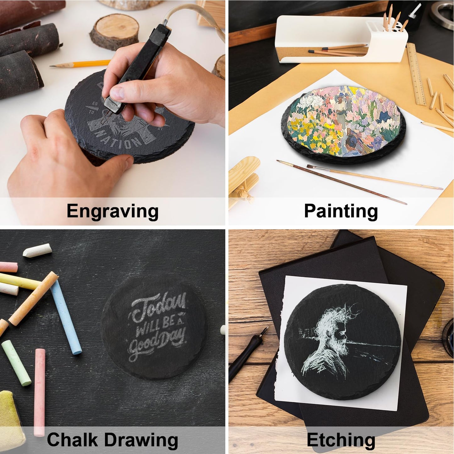 24 PCS Slate Coasters Set, 4 Inch Black Round Stone Drink Coasters Bulk, Laser Engraving Blanks with Anti-Scratch Bottom for Coffee Bar Home Kitchen Decor, Ideal Housewarming Wedding Gifts