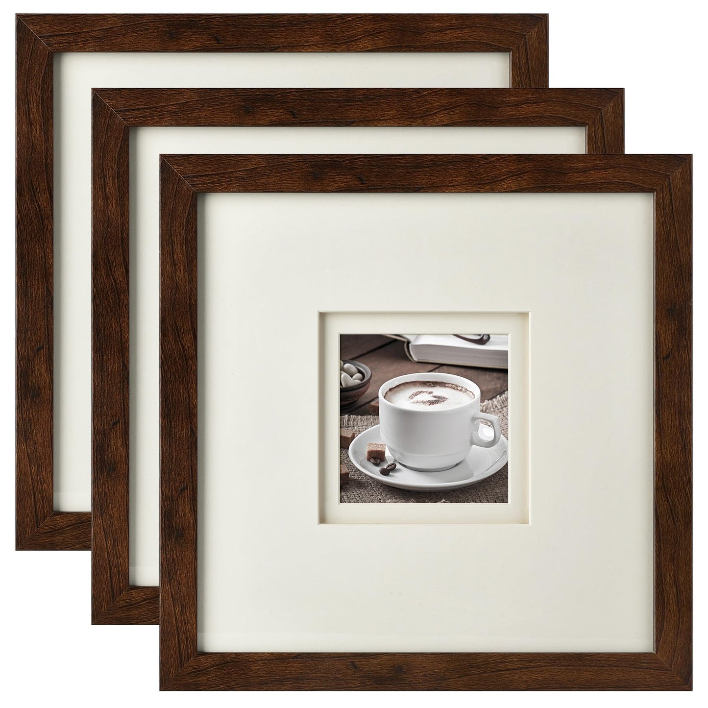 Yaetm 10x10 Square Picture Frame with Double Floating Ivory Mat 4x4, Brown Wood Grain Photo Frame with HD Tempered Glass for Wall Gallery, Home and Office, Wall Mounting, 3 Pack