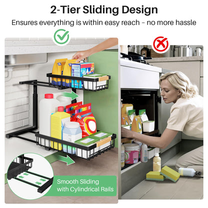 Kitstorack Under Sink Organizer, 2 Tier Under the Sink Storage, Slide out Pull out Cabinet Organizer Shelf, Metal Sliding Drawer for Kitchen Bathroom Pantry Closet Organization Rack, Black, 2 Pack