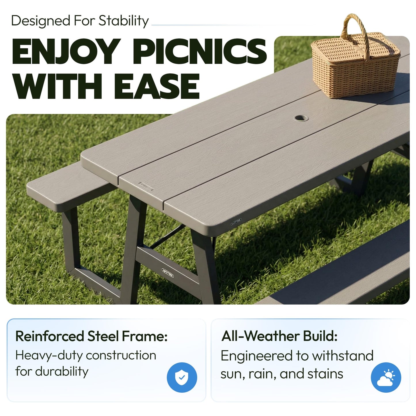 LIFETIME 6-Foot Folding Picnic Table with Benches, Seats 8, Heavy-Duty HDPE Tabletop, Steel Frame, Weather & UV Resistant Outdoor Picnic Table with Umbrella Hole