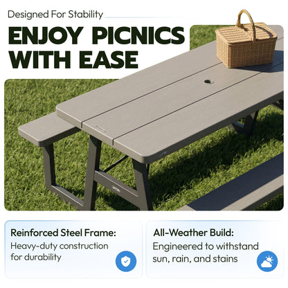 LIFETIME 6-Foot Folding Picnic Table with Benches, Seats 8, Heavy-Duty HDPE Tabletop, Steel Frame, Weather & UV Resistant Outdoor Picnic Table with Umbrella Hole