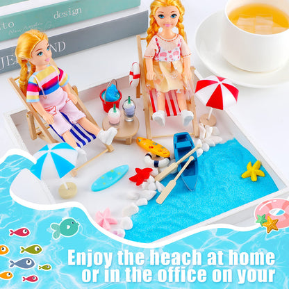 Minatee 25 Pcs Beach Miniature Dollhouse Decoration, Umbrella Palm Chair Miniature Toys Garden Dollhouse Outdoor Accessories Beach Decorations for DIY Garden Plant Pool(Red, Blue)