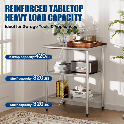 Chingoo Stainless Steel Work Table 24x30 Inch with 2 Adjustable Undershelves & Backsplash, Heavy-Duty Prep Table for Commercial Kitchen, Restaurant, Garage, Outdoor